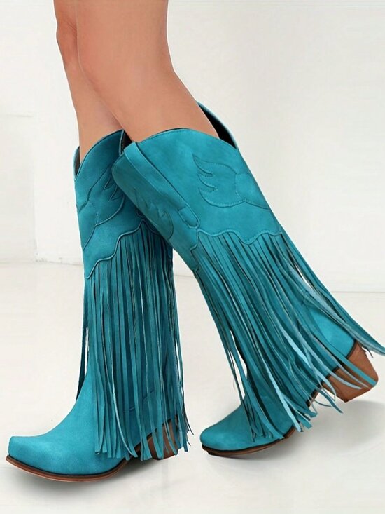 Blue Turquoise  Western Women's Cowboy Mid Calf Fringe Pull On Boots - Picture 3 of 7